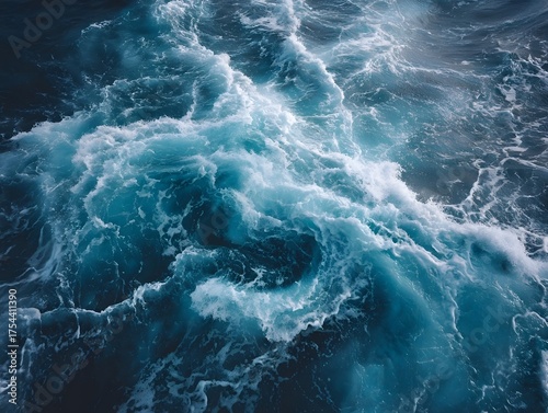 Top view of dynamic choppy sea waves with swirling eddies and scattered foam bubbles showcasing deep blue hues and vivid textures