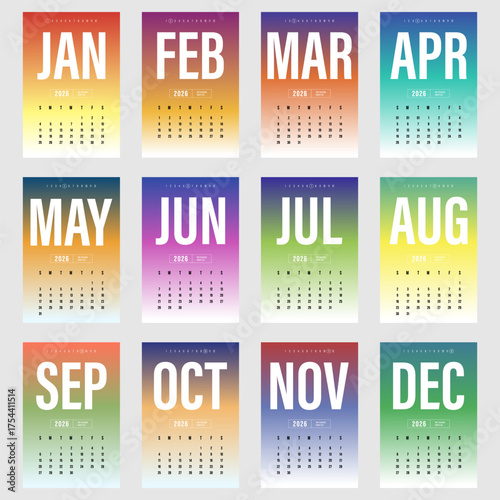 2026 Calendar template design with colorful vibrant gradient. Modern futuristic minimalist style.