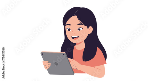 Cheerful young woman enjoys using a tablet for learning, entertainment, or connecting with friends, radiating positivity and a modern, tech-savvy lifestyle