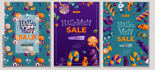 A set of design templates for Halloween. Candies, sweets, cookies. Autumn discounts, sale. Vector illustration in A4 format for posters, banners, promotions, advertisements