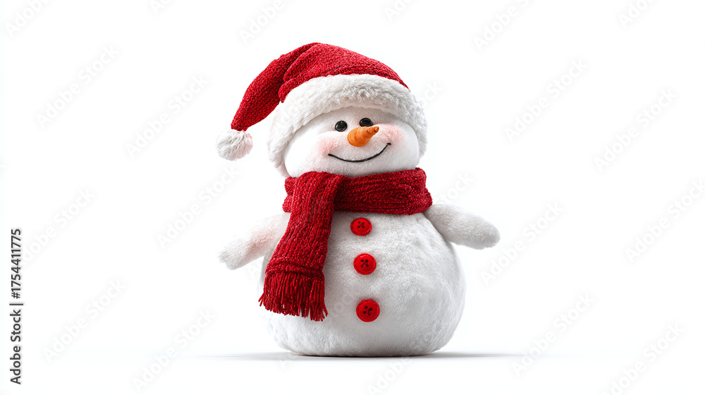 Fototapeta premium Festive snowman wearing a red hat and scarf. A cheerful winter holiday decoration spreading joy and warmth during the holiday season.