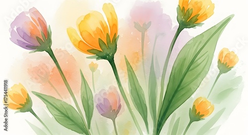 Watercolor painting of yellow and purple tulips with green leaves