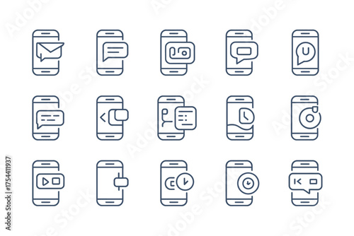 Set of sixteen minimalist line art icons representing mobile phone notifications and messaging features for vector graphics silhouette vector illustration white background