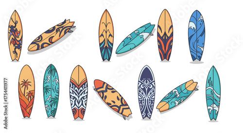 Colorful surfboard collection with artistic patterns and shadows