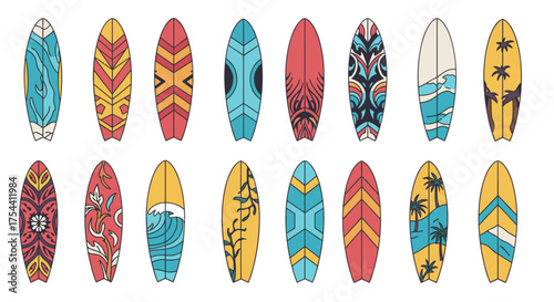 Colorful surfboard collection with unique tribal patterns and ocean motifs in flat design