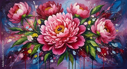 Vibrant oil painting of pink peonies and green foliage