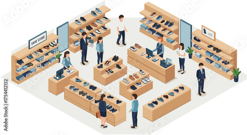Isometric shoe store interior with customers and staff in modern retail environment