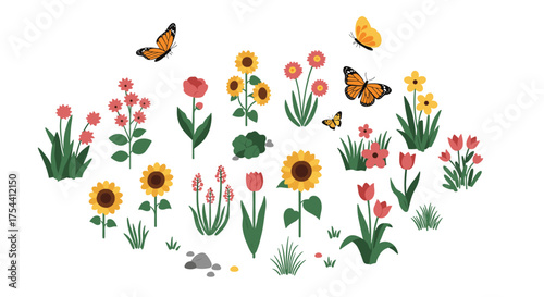 Colorful garden blooms and butterflies collection: floral elements and nature beauty