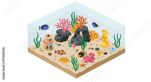 Colorful isometric aquarium with coral reefs and tropical fish