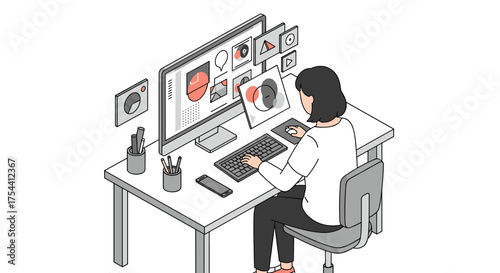 Isometric design: young professional engaged in digital art at modern workspace