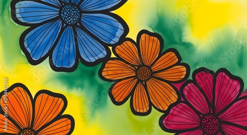 Vibrant colorful flowers with black outline on watercolor background