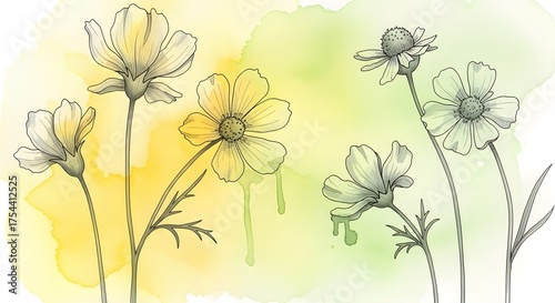 Delicate line drawing of cosmos flowers on a soft watercolor background