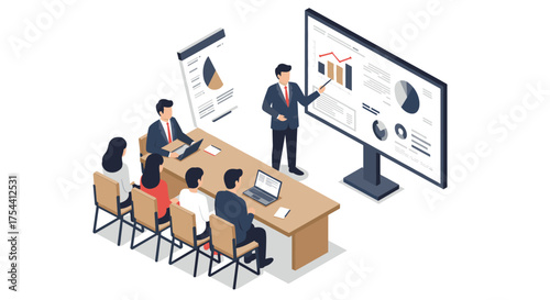 Business presentation in modern office with diverse team analyzing data reports