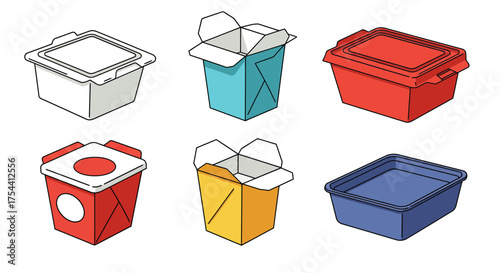 Collection of assorted food containers and takeout boxes.