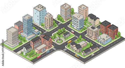 Urban architectural isometric cityscape with streets and buildings