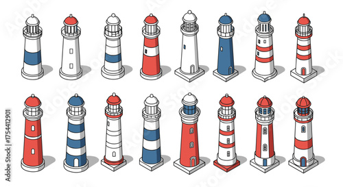 Colorful set of isometric lighthouses with red and blue stripes on white background