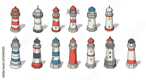 Varied isometric lighthouses collection in nautical colors