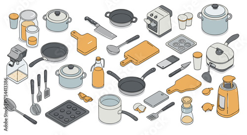 Isometric kitchen utensils and appliances collection in modern pastel colors