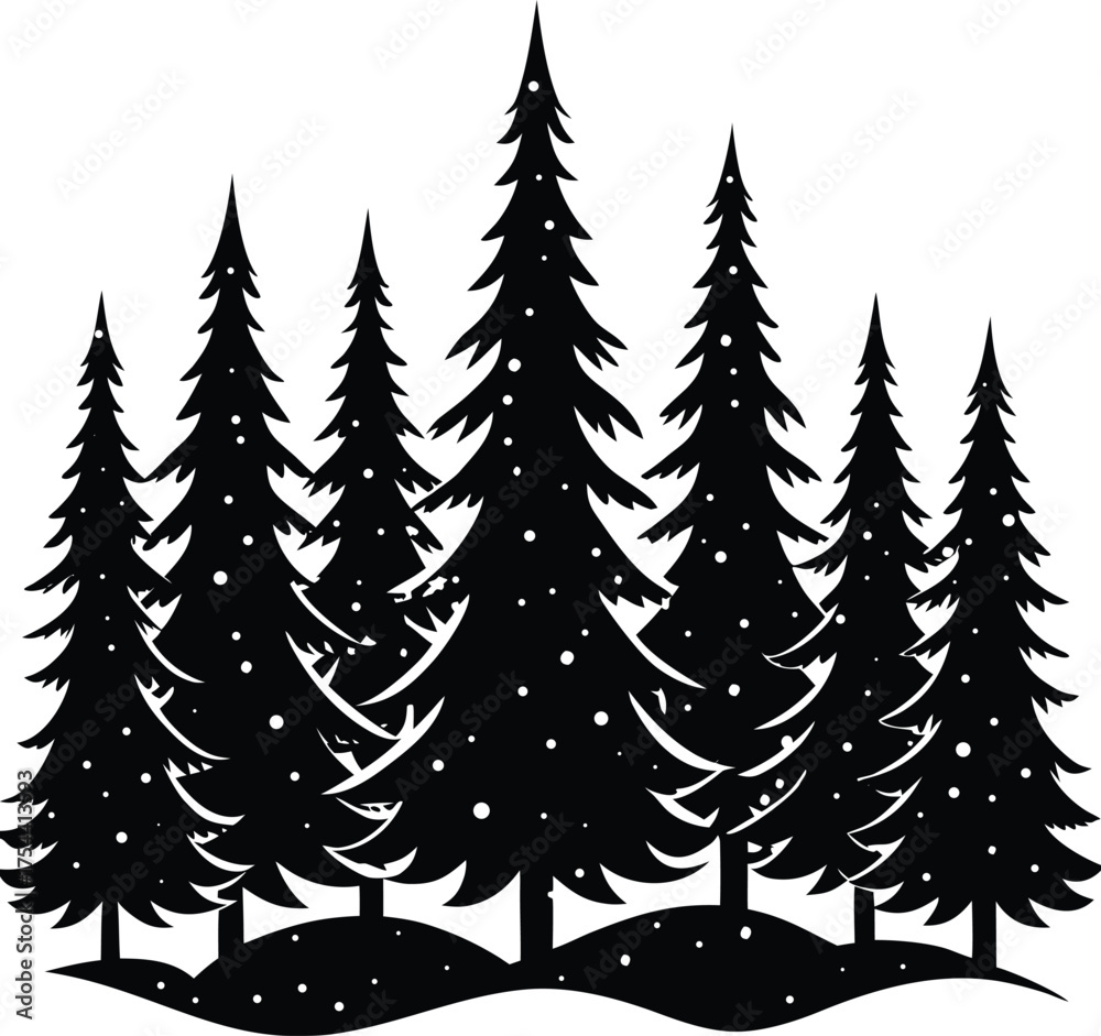 Obraz premium Winter forest silhouette Black pine trees silhouette with falling snow 2