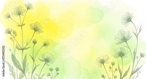 Delicate wildflowers silhouetted against a soft yellow and green watercolor background