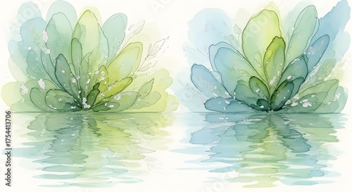 Abstract watercolor flowers with reflection on white background