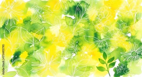 Abstract watercolor background with green and yellow leaves