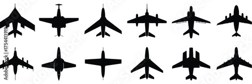 Diverse silhouette vector pack featuring twelve distinct airplane graphics for scalable design projects silhouette vector illustration white background