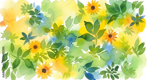 Watercolor painting of green leaves and yellow flowers