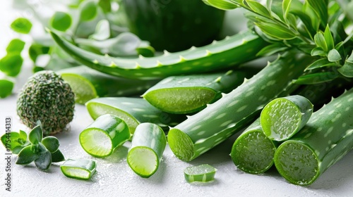 Fresh and Natural Aloe Vera Slices Surrounded by Green Plants and Herbs for Wellness and Skin Care