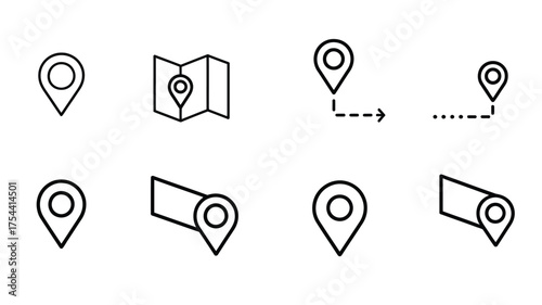 Eight minimalist location pointers map pin icons vector scalable eps for navigation and travel graphics silhouette vector illustration white background