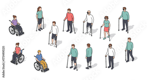 Diverse characters with disabilities: isometric 3d style people with mobility aids