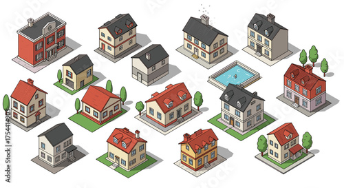 Charming isometric neighbourhood: diverse houses and lush trees with pool