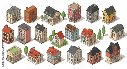 Charming isometric cityscape with diverse residential buildings and trees