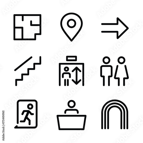 Nine essential building navigation vector icons scalable eps line art for architectural and wayfinding graphics silhouette vector illustration white background