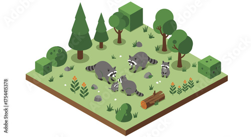 Isometric forest scene with raccoon family and geometric trees