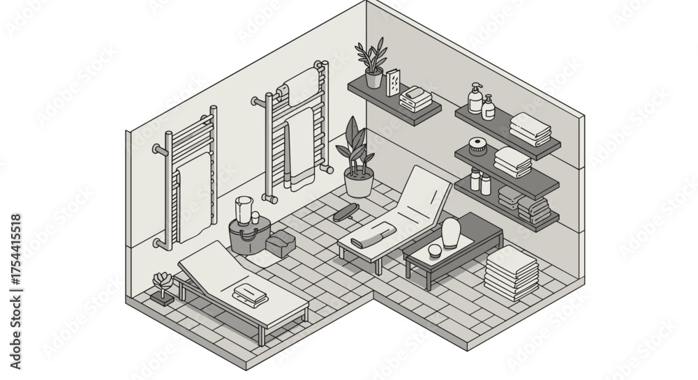 Fototapeta premium Isometric spa room design with relaxation loungers and minimalist decor