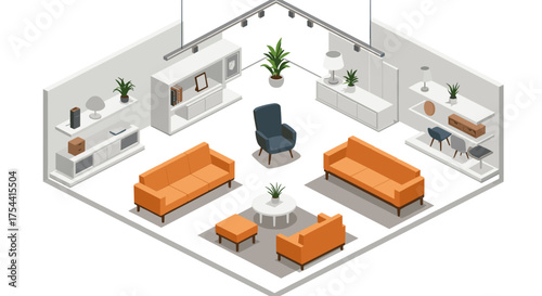 Modern isometric living room design with stylish furniture and decor