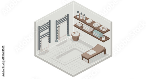 Modern isometric bathroom with minimalist design and relaxing spa elements