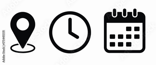 Set of three vector icons location clock and calendar scalable eps graphics silhouette vector illustration white background