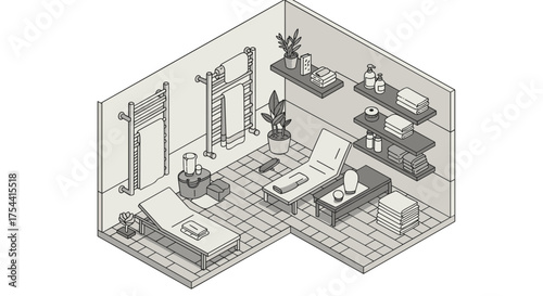 Isometric spa room design with relaxation loungers and minimalist decor
