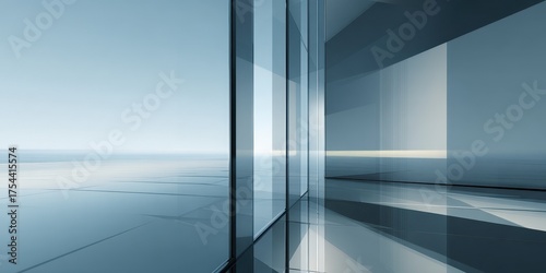 Modern Corporate Building Interior with Large Glass Windows Overlooking Calm Water