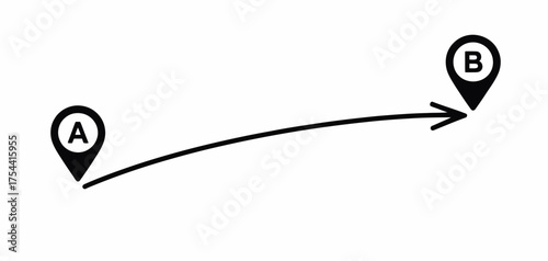 Vector map route illustration two location markers a b with curved arrow path for navigation and travel concepts silhouette vector illustration white background