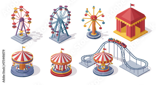 Colorful isometric amusement park set with rides, tents, and attractions