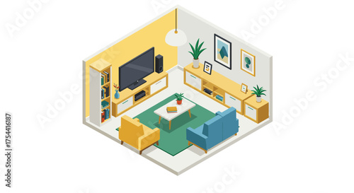 Modern isometric living room with cozy furniture and decor elements in yellow and green tones