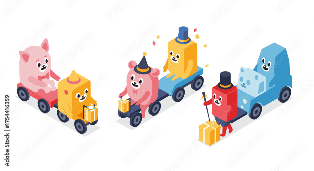 Obraz premium Adorable isometric animals driving colorful cars with gifts for a happy celebration