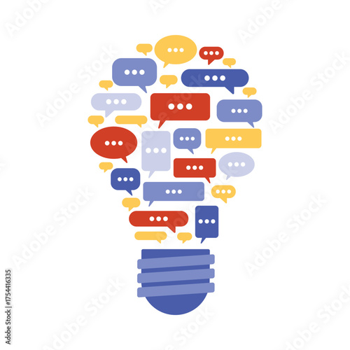 Colorful speech bubbles form a light bulb symbolizing teamwork, communication, and idea sharing isolated vector illustration