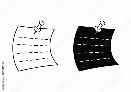 Duo-tone scribbled note vector illustration with pushpin scalable eps icon silhouette vector illustration white background