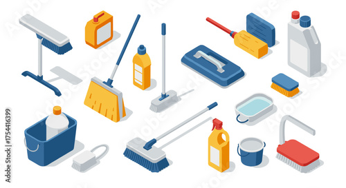 Isometric cleaning supplies set with brushes, detergents, and buckets on white background