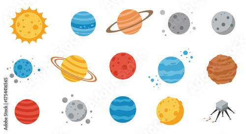 Colorful flat style planet icons featuring sun and moon phases