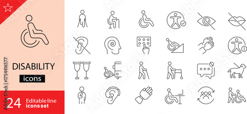 Disability icons set. Includes symbols of accessibility, support, healthcare, mobility aids, and inclusion. Editable stroke. Vector illustration. Outline icons. Perfect for social issues. 
